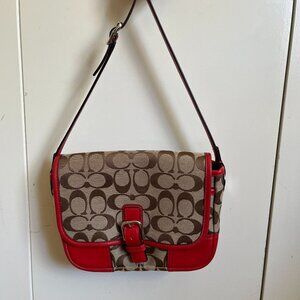 Coach Hadley Signature Field Bag Brown/Beige Trim With Bright Red